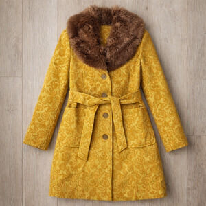 Y2K Merona Gold Brocade Faux Fur Collar Coat – Size Medium